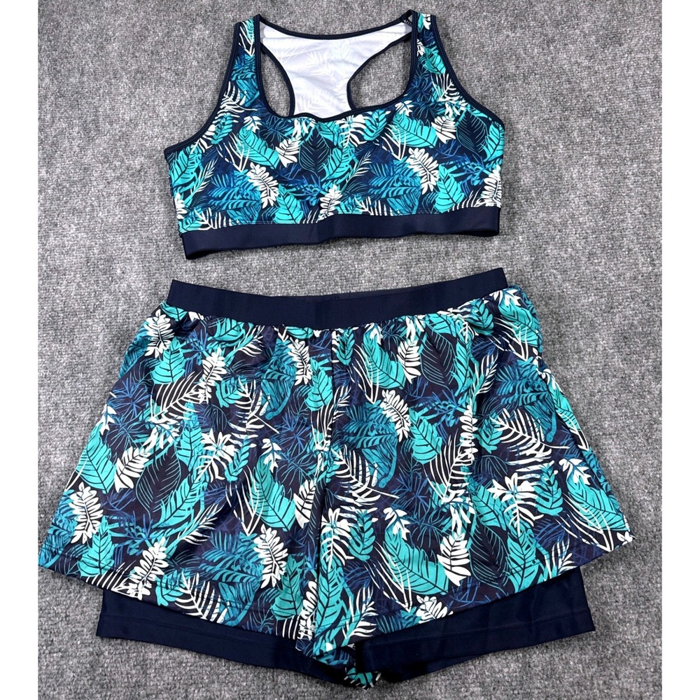 Womens XL Tropical Palm Print Sports Bra and 2-in-1 Shorts Set NEW